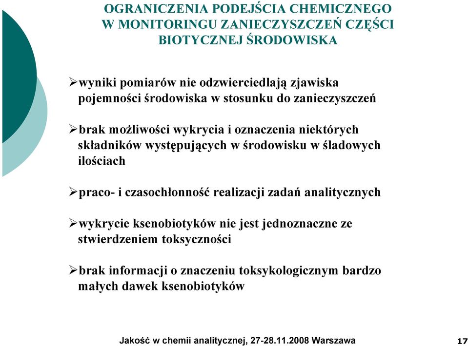 składników występujących w środowisku w śladowych ilościach praco- i czasochłonność realizacji zadań analitycznych wykrycie