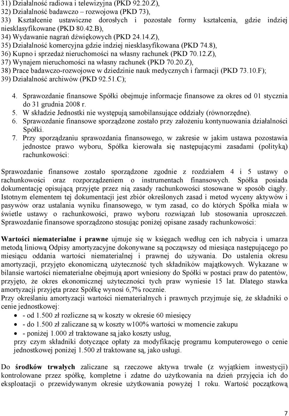 B), 34) Wydawanie nagrań dźwiękowych (PKD 24.14.Z), 35) Działalność komercyjna gdzie indziej niesklasyfikowana (PKD 74.8), 36) Kupno i sprzedaż nieruchomości na własny rachunek (PKD 70.12.