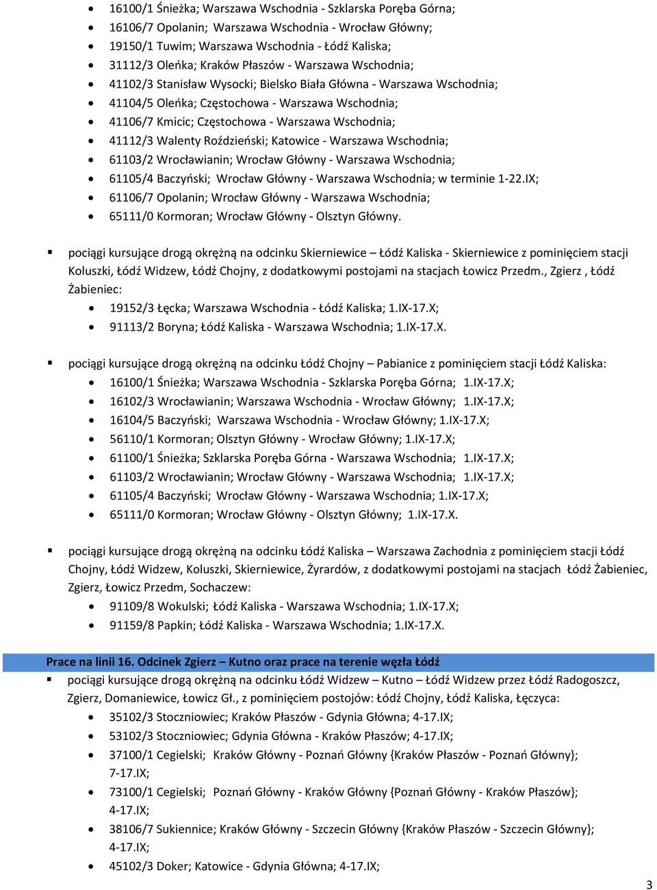 Walenty Roździeński; Katowice - Warszawa Wschodnia; 61103/2 Wrocławianin; Wrocław Główny - Warszawa Wschodnia; 61105/4 Baczyński; Wrocław Główny - Warszawa Wschodnia; w terminie 1-22.