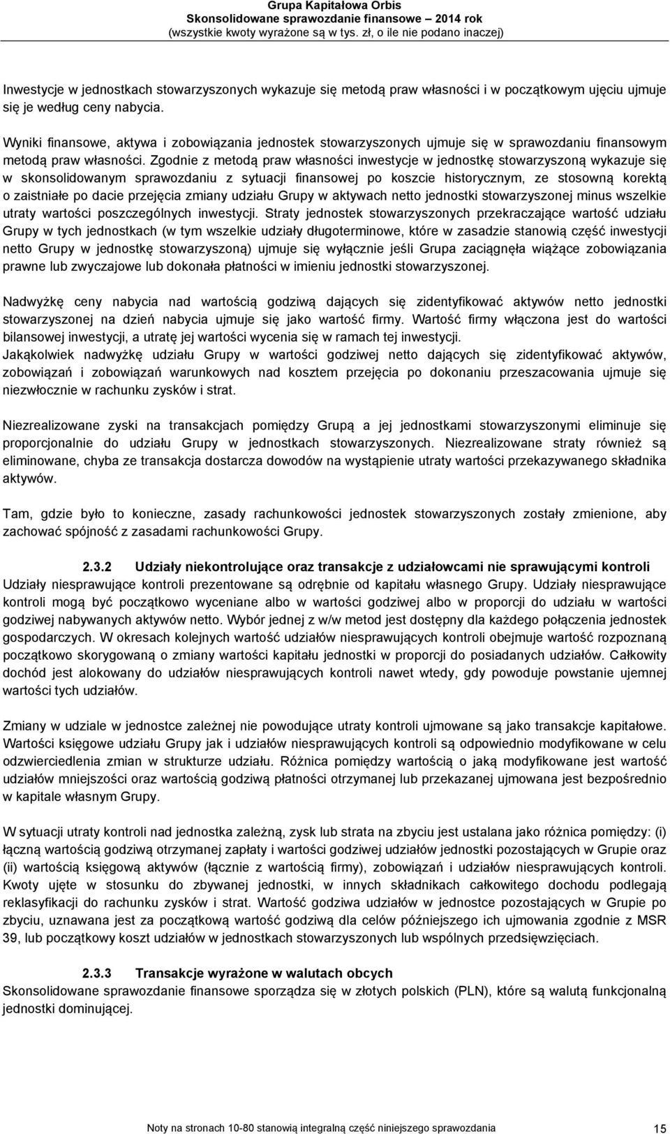 Zgodnie z metodą praw własności inwestycje w jednostkę stowarzyszoną wykazuje się w skonsolidowanym sprawozdaniu z sytuacji finansowej po koszcie historycznym, ze stosowną korektą o zaistniałe po