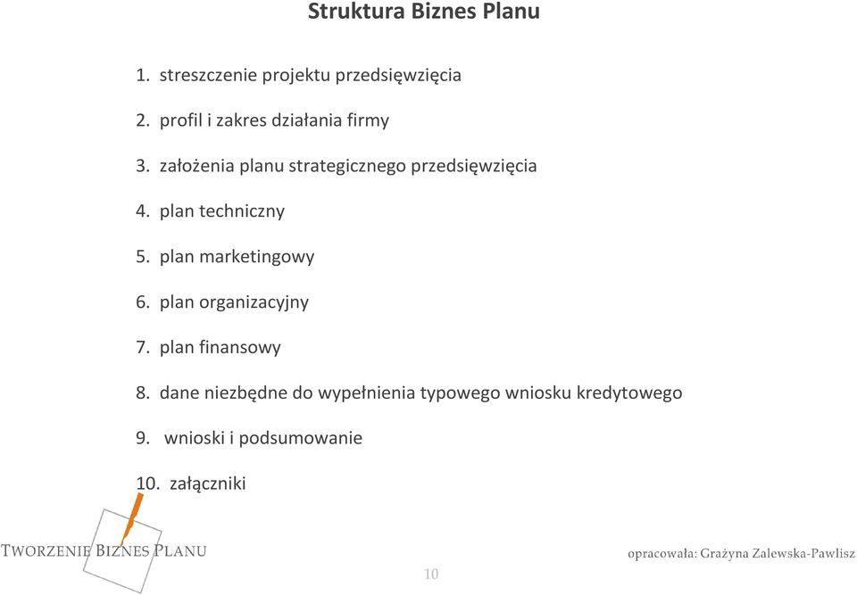 założenia planu strategicznego przedsięwzięcia 4. plan techniczny 5.
