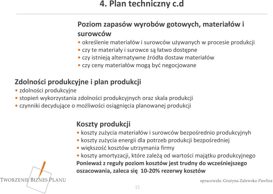 dostaw materiałów czy ceny materiałów mogą być negocjowane Zdolności produkcyjne i plan produkcji zdolności produkcyjne stopień wykorzystania zdolności produkcyjnych oraz skala produkcji czynniki