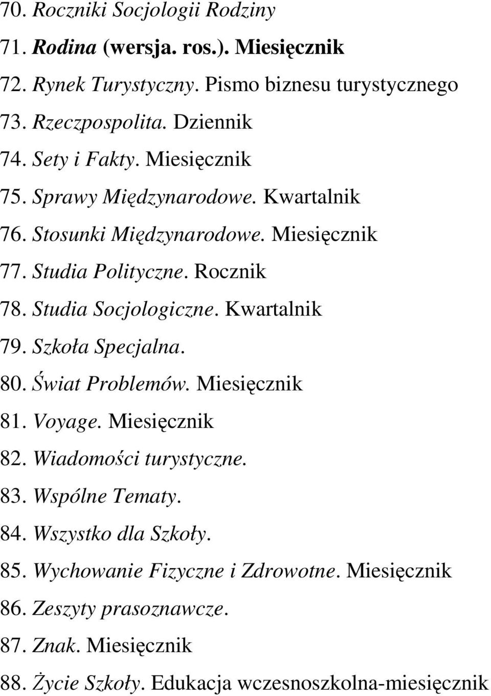 Studia Socjologiczne. Kwartalnik 79. Szkoła Specjalna. 80. Świat Problemów. Miesięcznik 81. Voyage. Miesięcznik 82. Wiadomości turystyczne. 83.