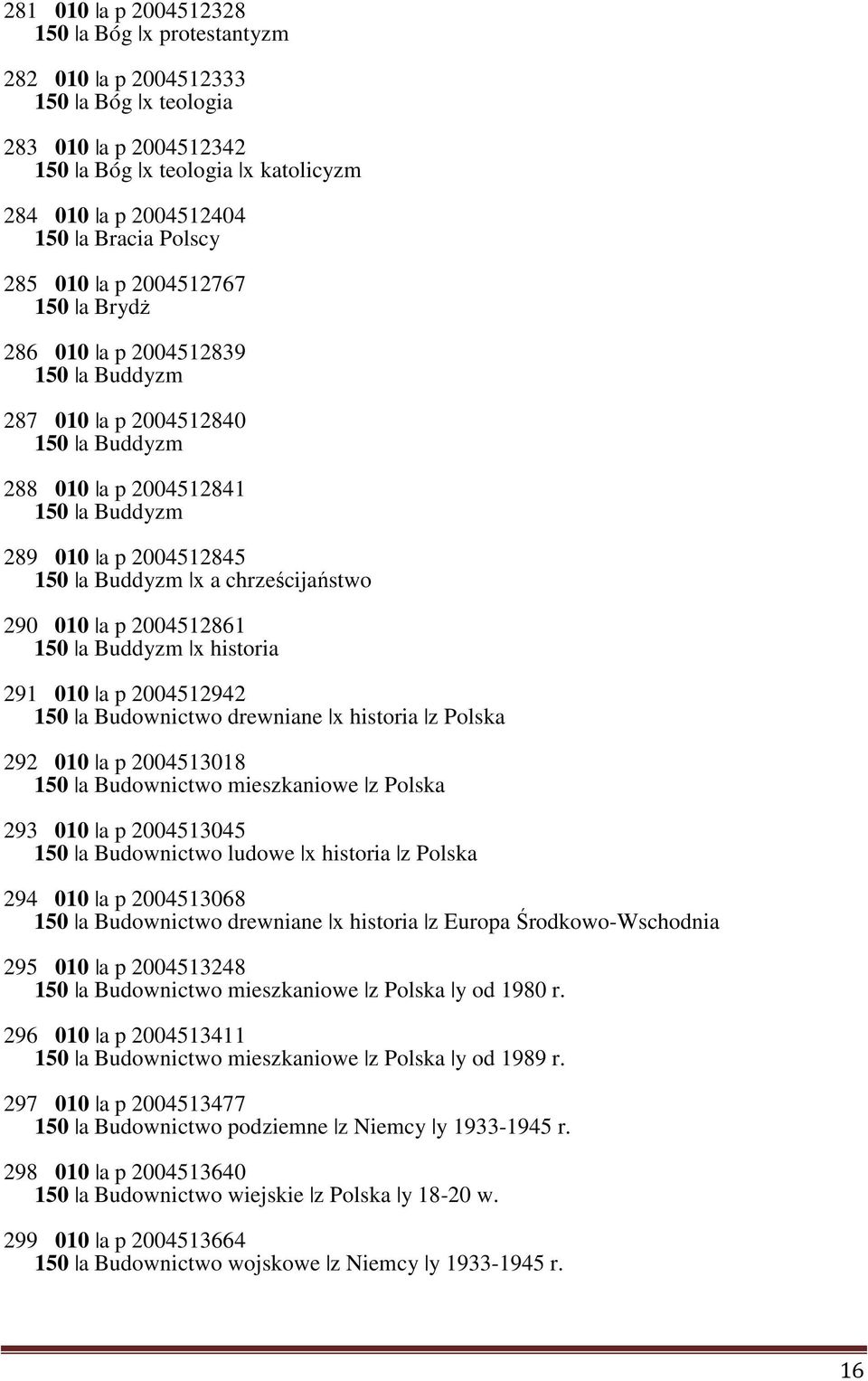 290 010 a p 2004512861 150 a Buddyzm x historia 291 010 a p 2004512942 150 a Budownictwo drewniane x historia z Polska 292 010 a p 2004513018 150 a Budownictwo mieszkaniowe z Polska 293 010 a p