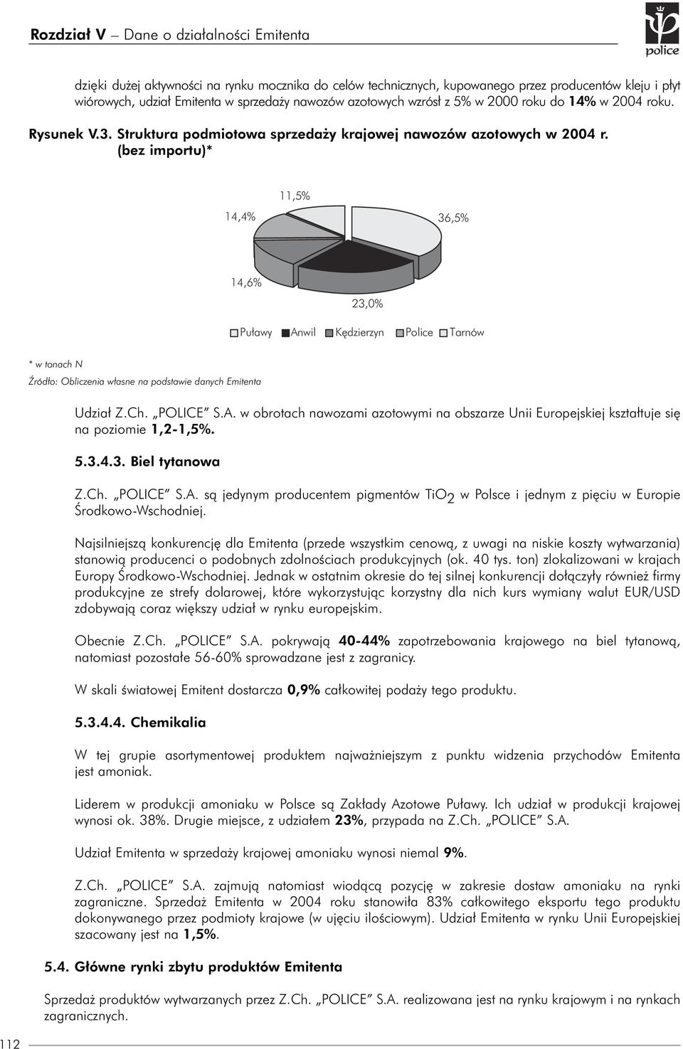 (bez importu)* 11,5% 14,4% 36,5% 14,6% 23,0% Puławy Anwil Kędzierzyn Police Tarnów * w tonach N Źródło: Obliczenia własne na podstawie danych Emitenta Udział Z.Ch. POLICE S.A. w obrotach nawozami azotowymi na obszarze Unii Europejskiej kształtuje się na poziomie 1,2-1,5%.