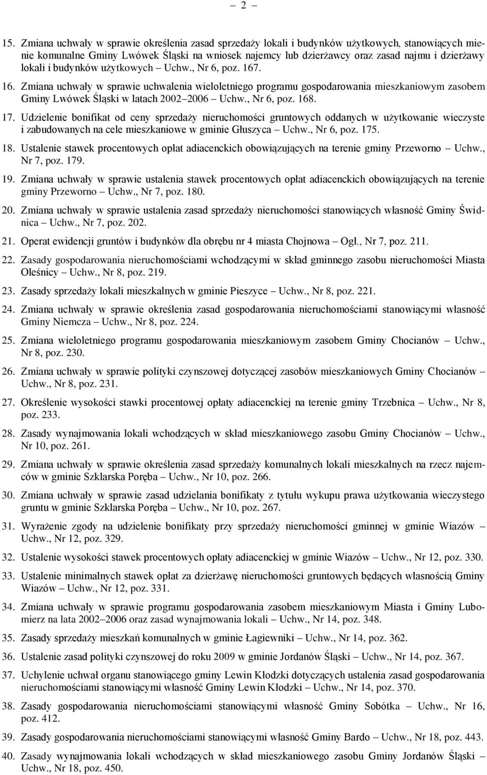 . 16. Zmiana uchwały w sprawie uchwalenia wieloletniego programu gospodarowania mieszkaniowym zasobem Gminy Lwówek Śląski w latach 2002 2006 Uchw., Nr 6, poz. 168. 17.