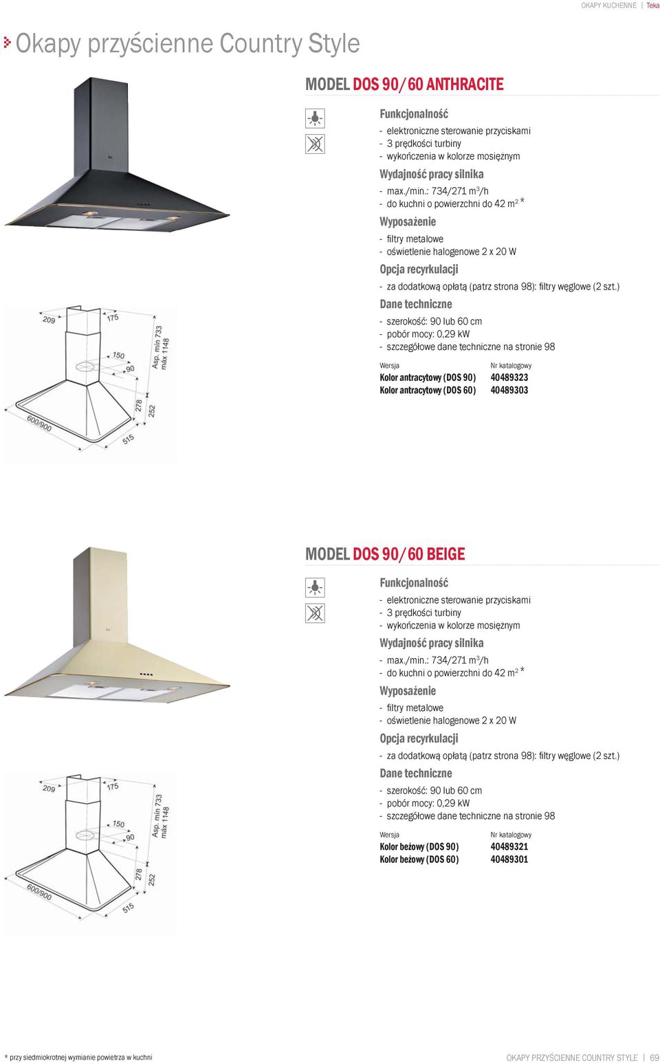 ) - pobór mocy: 0,29 kw Kolor antracytowy (DOS 90) 40489323 Kolor antracytowy (DOS 60) 40489303 MODEL DOS 90/60 BEIGE - elektroniczne sterowanie przyciskami - wykończenia w