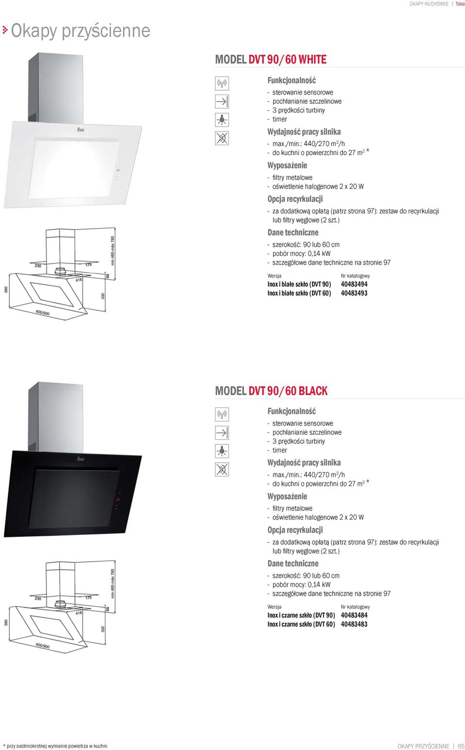 szkło (DVT 60) 40483493 MODEL DVT 90/60 BLACK - sterowanie sensorowe - pochłanianie szczelinowe - max./min.