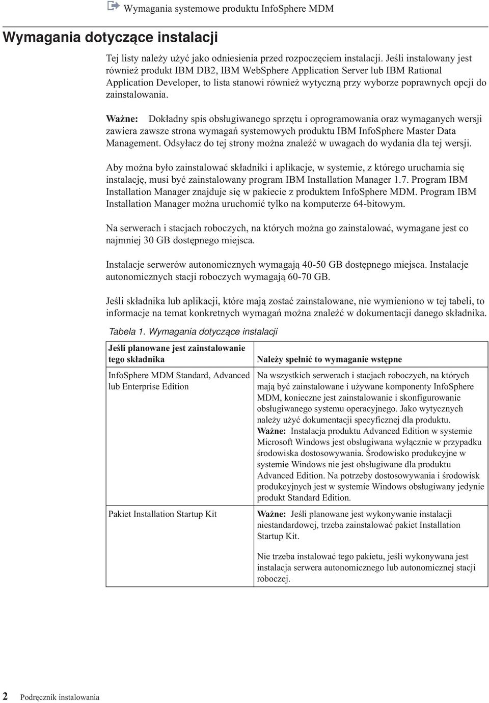 zainstalowania. Ważne: Dokładny spis obsługiwanego sprzętu i oprogramowania oraz wymaganych wersji zawiera zawsze strona wymagań systemowych produktu IBM InfoSphere Master Data Management.