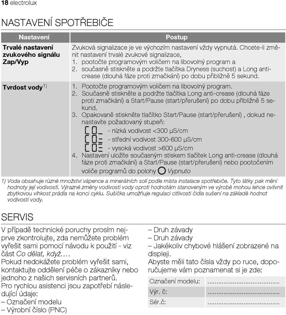 současně stiskněte a podržte tlačítka Dryness (suchost) a Long anticrease (dlouhá fáze proti zmačkání) po dobu přibližně 5 sekund. 1. Pootočte programovým voličem na libovolný program. 2.