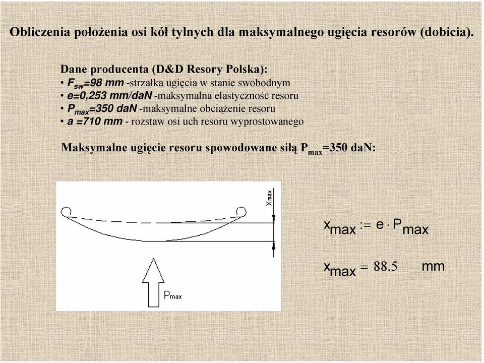 mm/dan -maksymalna elastyczność resoru P max =350 dan -maksymalne obciążenie resoru a =710 mm -