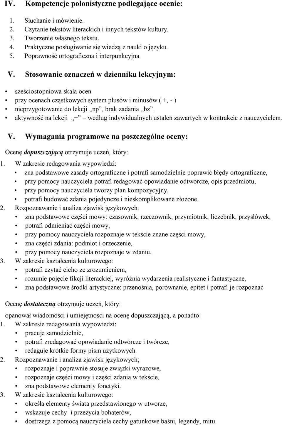 Stosowanie oznaczeń w dzienniku lekcyjnym: sześciostopniowa skala ocen przy ocenach cząstkowych system plusów i minusów ( +, - ) nieprzygotowanie do lekcji np, brak zadania bz.