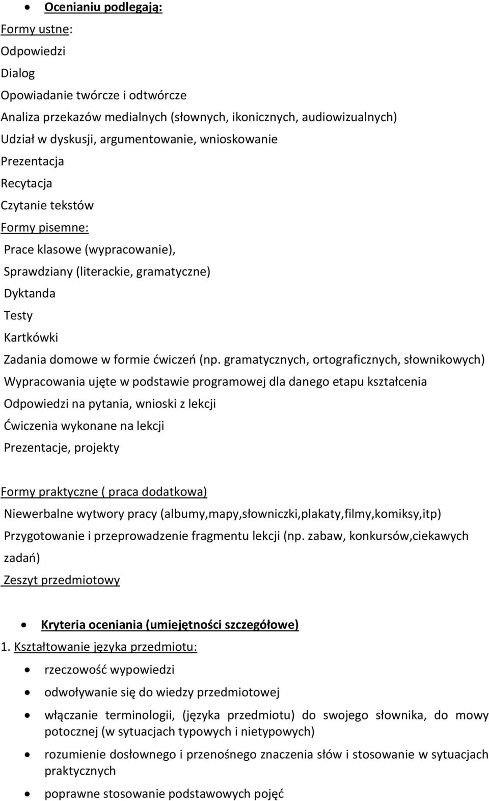 gramatycznych, ortograficznych, słownikowych) Wypracowania ujęte w podstawie programowej dla danego etapu kształcenia Odpowiedzi na pytania, wnioski z lekcji Ćwiczenia wykonane na lekcji Prezentacje,