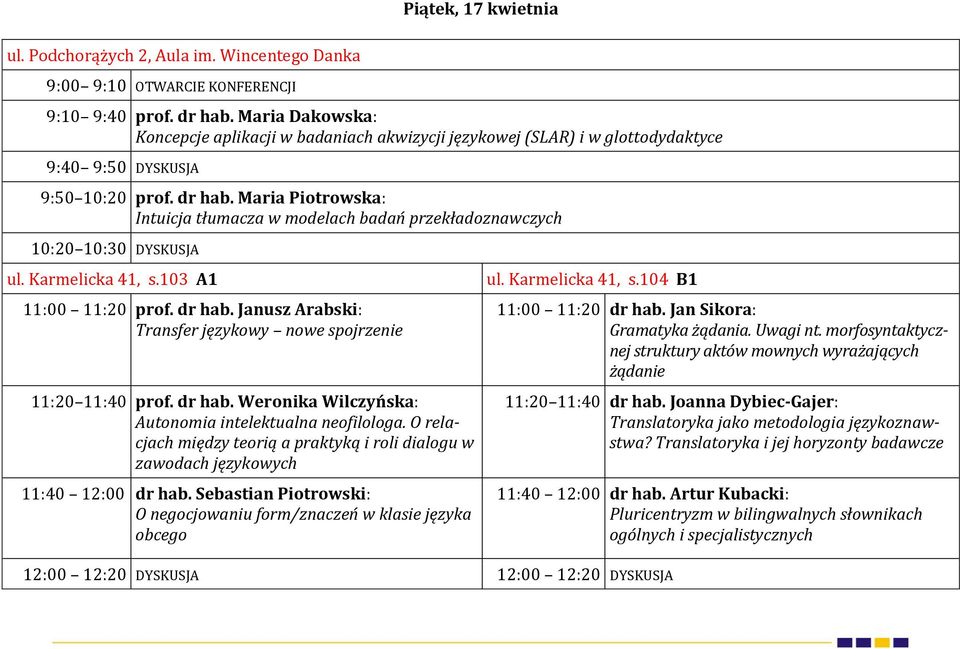 Maria Piotrowska: Intuicja tłumacza w modelach badań przekładoznawczych 10:20 10:30 DYSKUSJA ul. Karmelicka 41, s.103 A1 11:00 11:20 prof. dr hab.