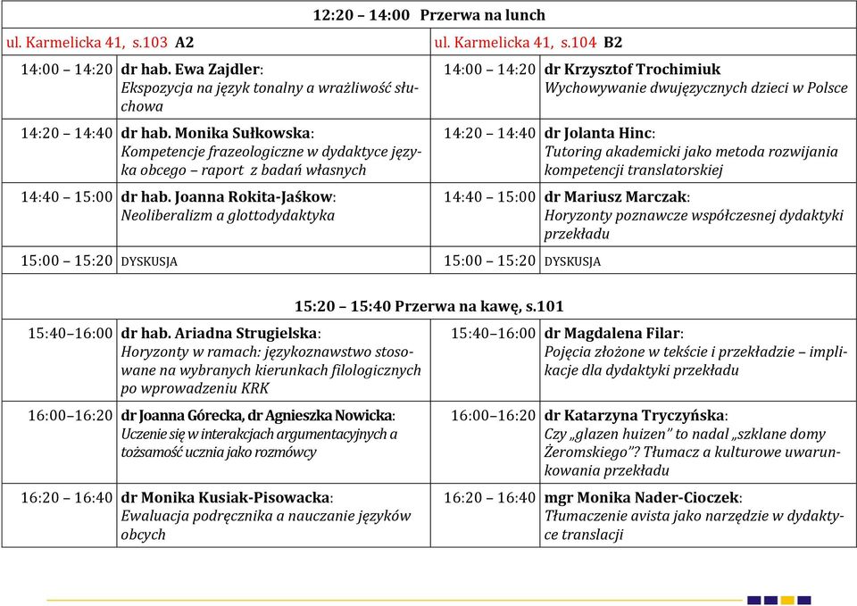 Joanna Rokita-Jaśkow: Neoliberalizm a glottodydaktyka 12:20 14:00 Przerwa na lunch ul. Karmelicka 41, s.