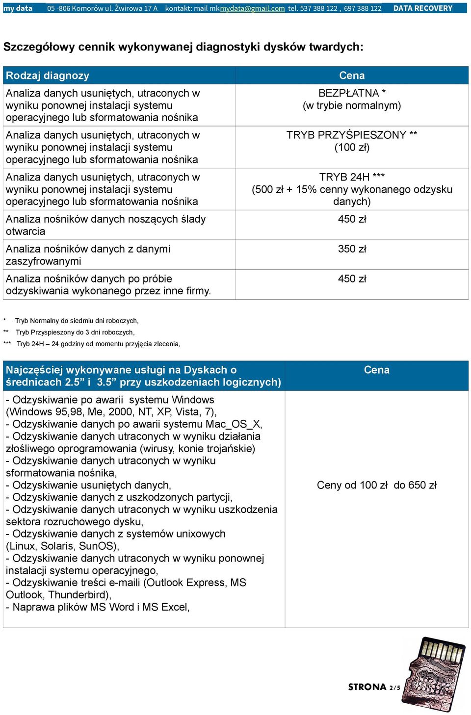 BEZPŁATNA * (w trybie normalnym) TRYB PRZYŚPIESZONY ** (100 zł) TRYB 24H *** (500 zł + 15% cenny wykonanego odzysku danych) 450 zł 350 zł 450 zł * Tryb Normalny do siedmiu dni roboczych, ** Tryb