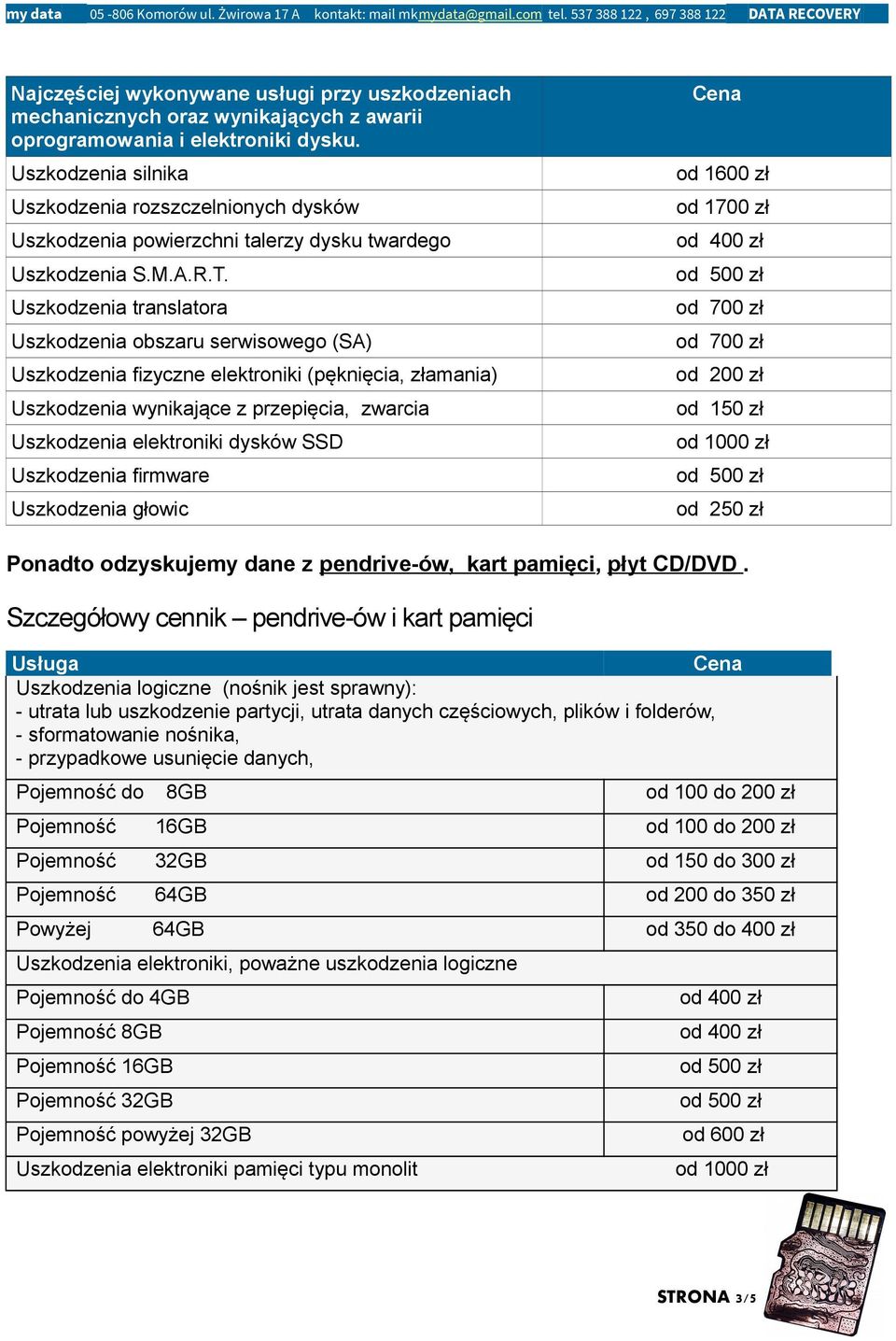 od 500 zł Uszkodzenia translatora od 700 zł Uszkodzenia obszaru serwisowego (SA) od 700 zł Uszkodzenia fizyczne elektroniki (pęknięcia, złamania) od 200 zł Uszkodzenia wynikające z przepięcia,