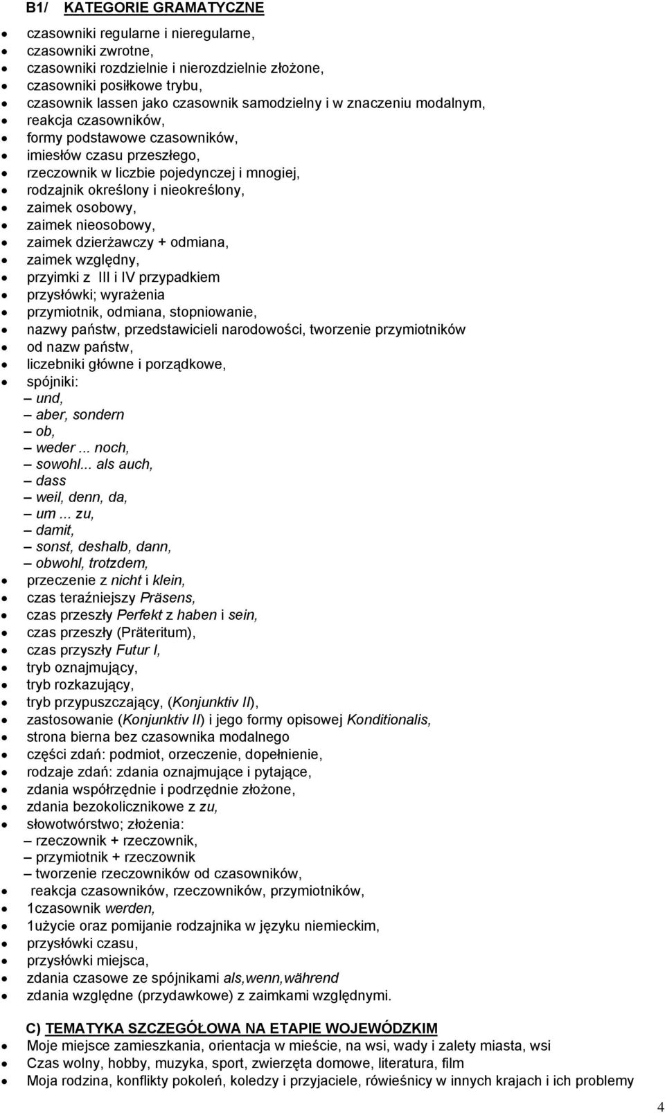 zaimek osobowy, zaimek nieosobowy, zaimek dzierżawczy + odmiana, zaimek względny, przyimki z III i IV przypadkiem przysłówki; wyrażenia przymiotnik, odmiana, stopniowanie, nazwy państw,