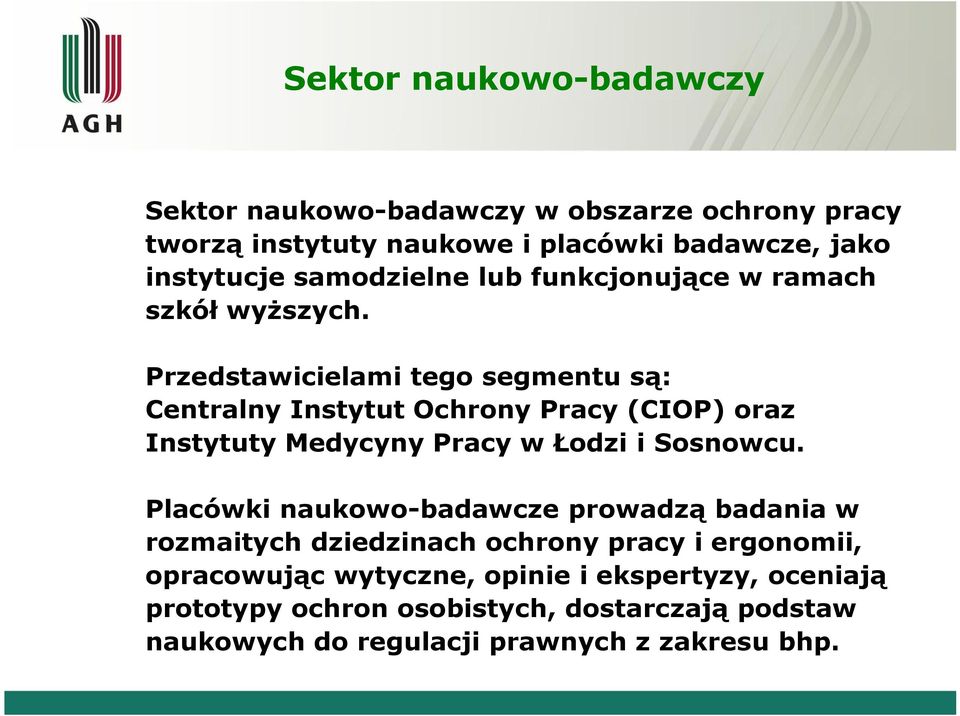 Przedstawicielami tego segmentu są: Centralny Instytut Ochrony Pracy (CIOP) oraz Instytuty Medycyny Pracy w Łodzi i Sosnowcu.