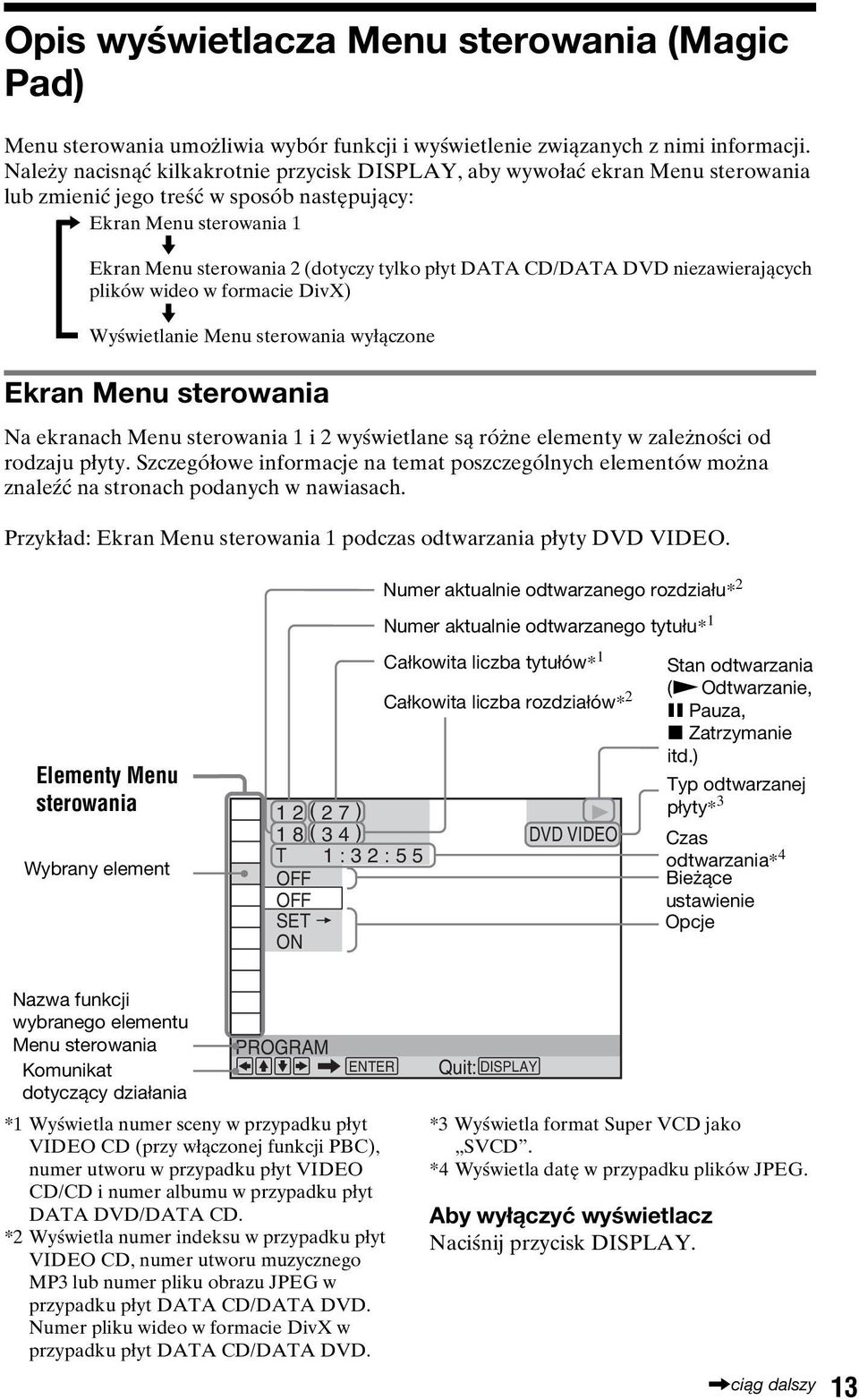 DATA CD/DATA DVD niezawierających plików wideo w formacie DivX) m Wyświetlanie Menu sterowania wyłączone Ekran Menu sterowania Na ekranach Menu sterowania 1 i 2 wyświetlane są różne elementy w