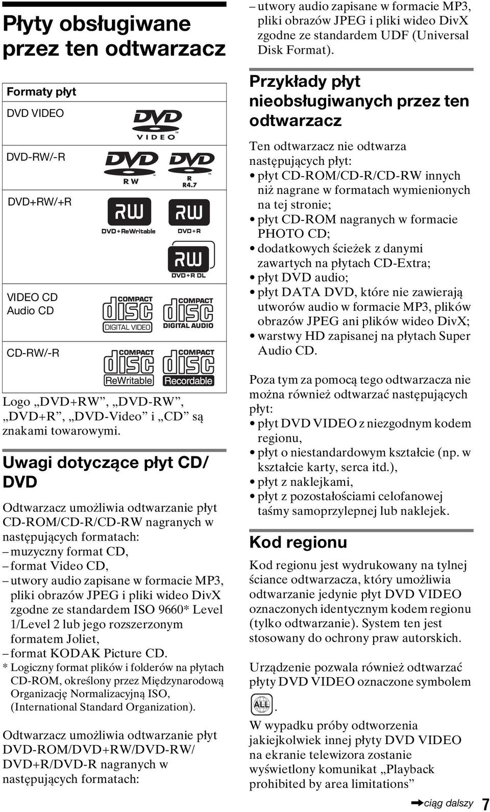 pliki obrazów JPEG i pliki wideo DivX zgodne ze standardem ISO 9660* Level 1/Level 2 lub jego rozszerzonym formatem Joliet, format KODAK Picture CD.