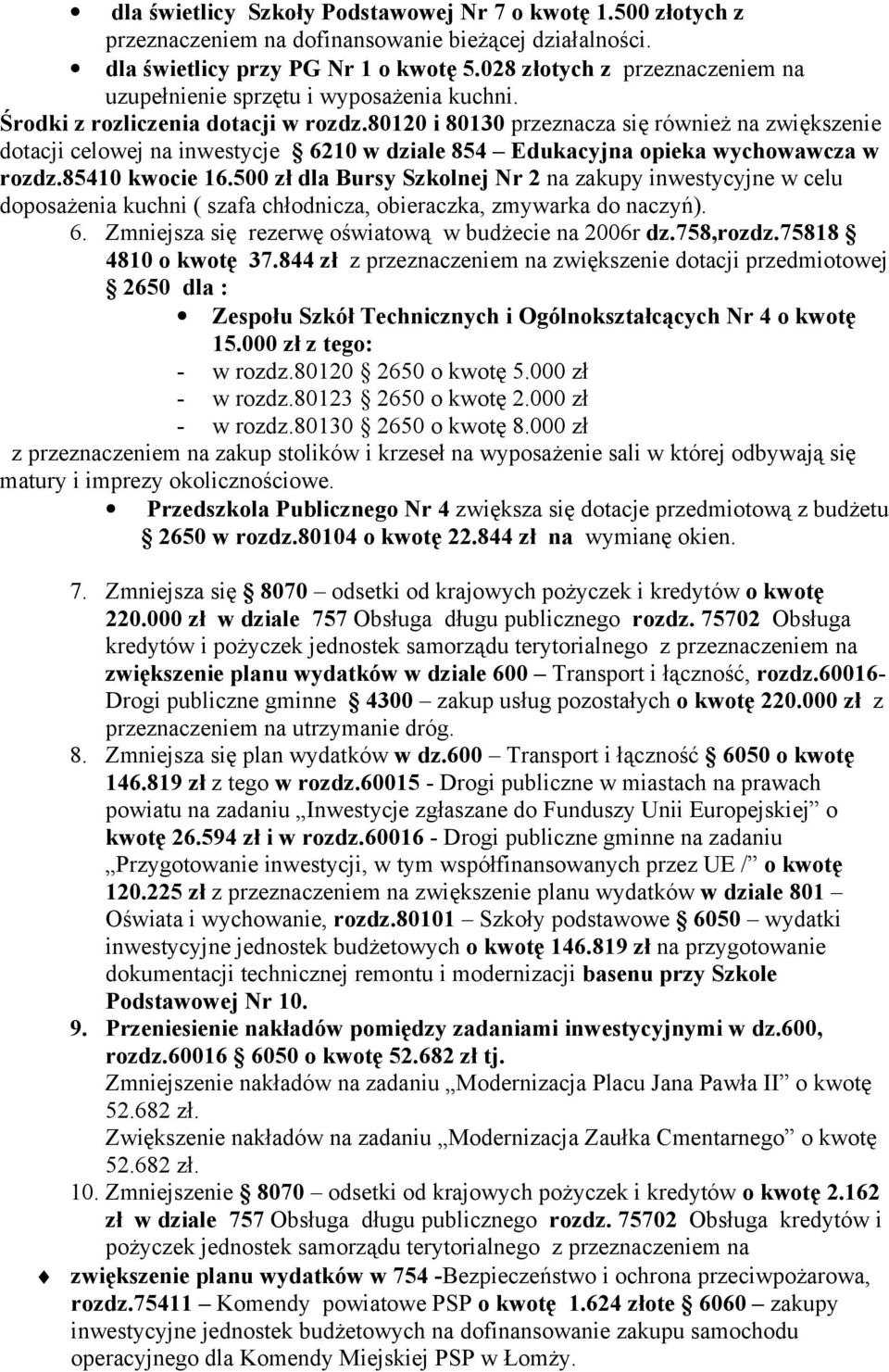 80120 i 80130 przeznacza się również na zwiększenie dotacji celowej na inwestycje 6210 w dziale 854 Edukacyjna opieka wychowawcza w rozdz.85410 kwocie 16.