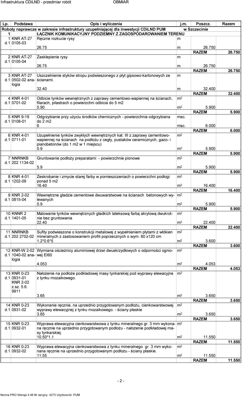 1 0105-03 26.75 6.750 RAZEM 26.750 2 KNR AT-27 Zasklepienie rysy d.1 0105-04 26.75 6.750 RAZEM 26.750 3 KNR AT-27 Uszczelnienie styków stropu podwieszonego z płyt gipsowo-kartonowych ze d.