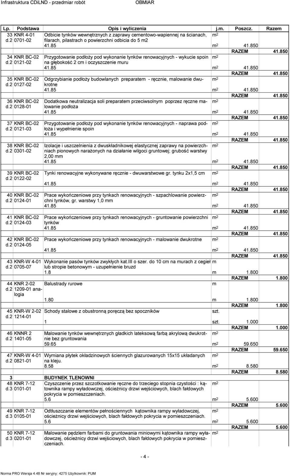 2 0121-02 na głębokość 2 c i oczyszczenie uru 41.85 41.850 35 KNR BC-02 Odgrzybianie podłoży budowlanych preparate - ręcznie, alowanie dwukrotne d.2 0127-02 41.85 41.850 36 KNR BC-02 Dodatkowa neutralizacja soli preparate przeciwsolny poprzez ręczne alowanie d.