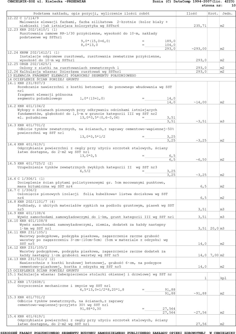 24 KNRW 202/1612/1 (1) Instalacje odgromowe rusztowań, rusztowania zewnętrzne przyścienne, wysokość do 10 m wg SSTnr1 293,0 m2 12.