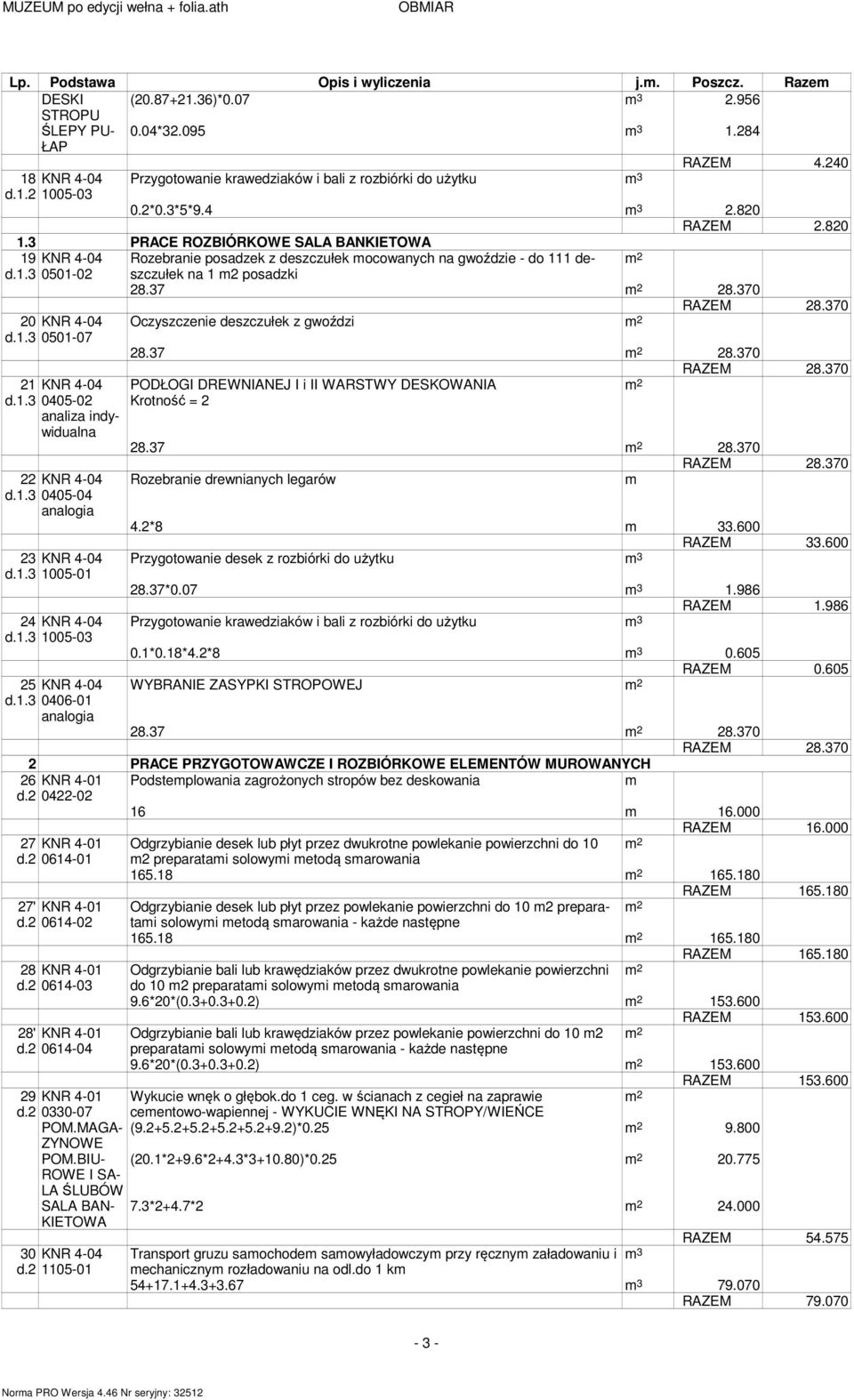 3 PRACE ROZBIÓRKOWE SALA BANKIETOWA 19 KNR 4-04 Rozebranie posadzek z deszczułek ocowanych na gwoździe - do 111 deszczułek d.1.3 0501-02 na 1 2 posadzki 28.37 28.