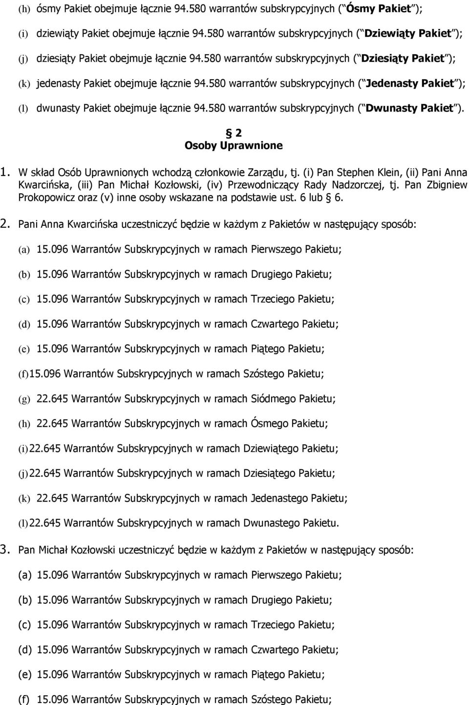 580 warrantów subskrypcyjnych ( Jedenasty Pakiet ); (l) dwunasty Pakiet obejmuje łącznie 94.580 warrantów subskrypcyjnych ( Dwunasty Pakiet ). 2 Osoby Uprawnione 1.