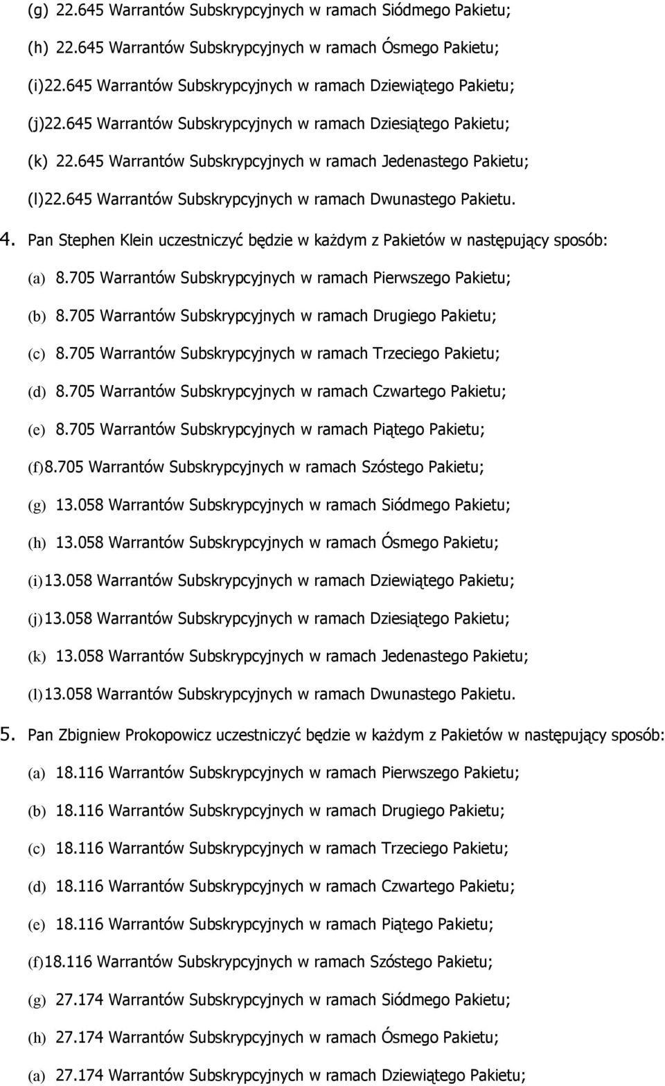 Pan Stephen Klein uczestniczyć będzie w każdym z Pakietów w następujący sposób: (a) 8.705 Warrantów Subskrypcyjnych w ramach Pierwszego Pakietu; (b) 8.