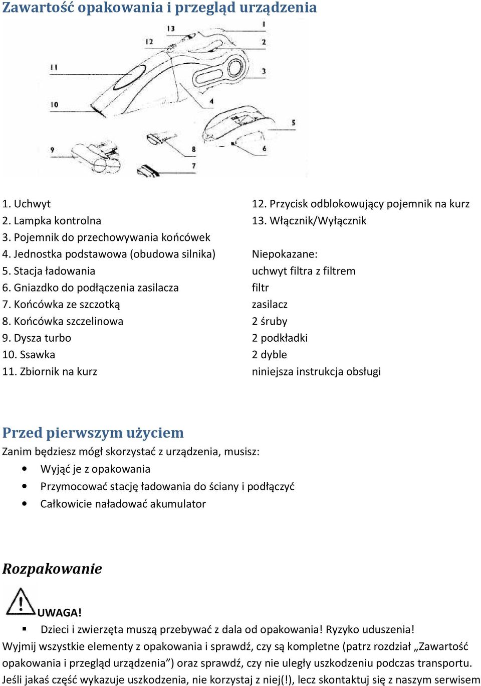 Włącznik/Wyłącznik Niepkazane: uchwyt filtra z filtrem filtr zasilacz 2 śruby 2 pdkładki 2 dyble niniejsza instrukcja bsługi Przed pierwszym użyciem Zanim będziesz mógł skrzystać z urządzenia,