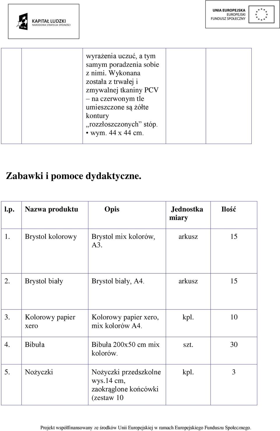 Zabawki i pomoce dydaktyczne. l.p. Nazwa produktu Opis Jednostka 1. Brystol kolorowy Brystol mix kolorów, A3. arkusz 15 2.