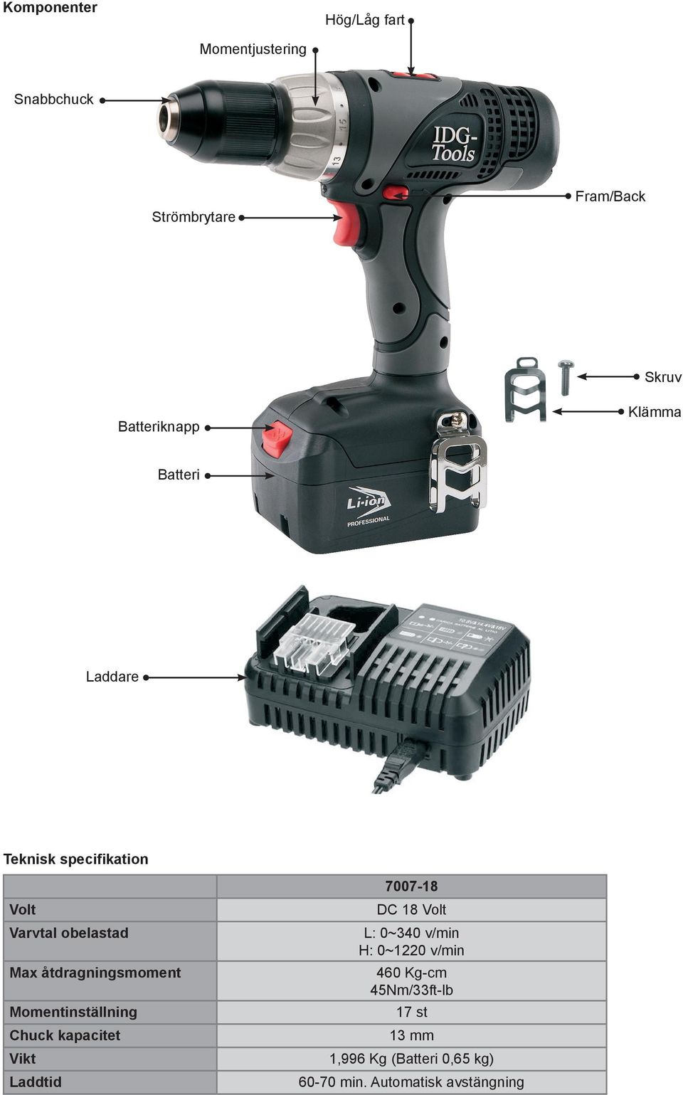 Momentinställning Chuck kapacitet Vikt Laddtid 7007-18 DC 18 Volt L: 0~340 v/min H: 0~1220