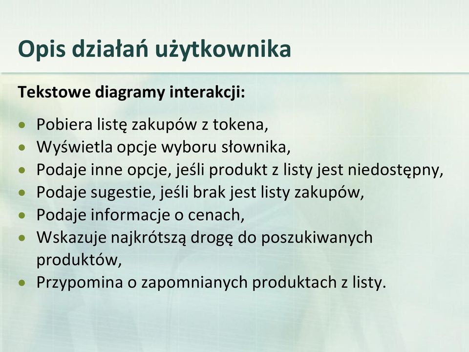 niedostępny, Podaje sugestie, jeśli brak jest listy zakupów, Podaje informacje o cenach,