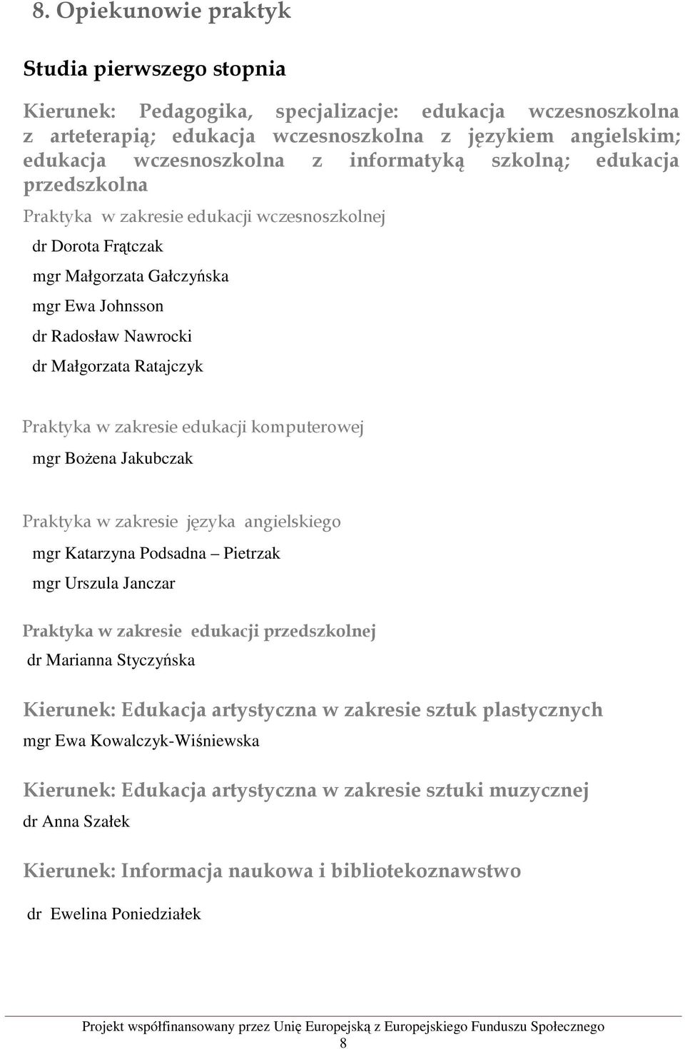 Praktyka w zakresie edukacji komputerowej mgr Bożena Jakubczak Praktyka w zakresie języka angielskiego mgr Katarzyna Podsadna Pietrzak mgr Urszula Janczar Praktyka w zakresie edukacji przedszkolnej