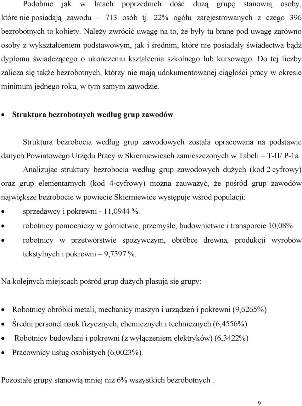 szkolnego lub kursowego. Do tej liczby zalicza się także bezrobotnych, którzy nie mają udokumentowanej ciągłości pracy w okresie minimum jednego roku, w tym samym zawodzie.