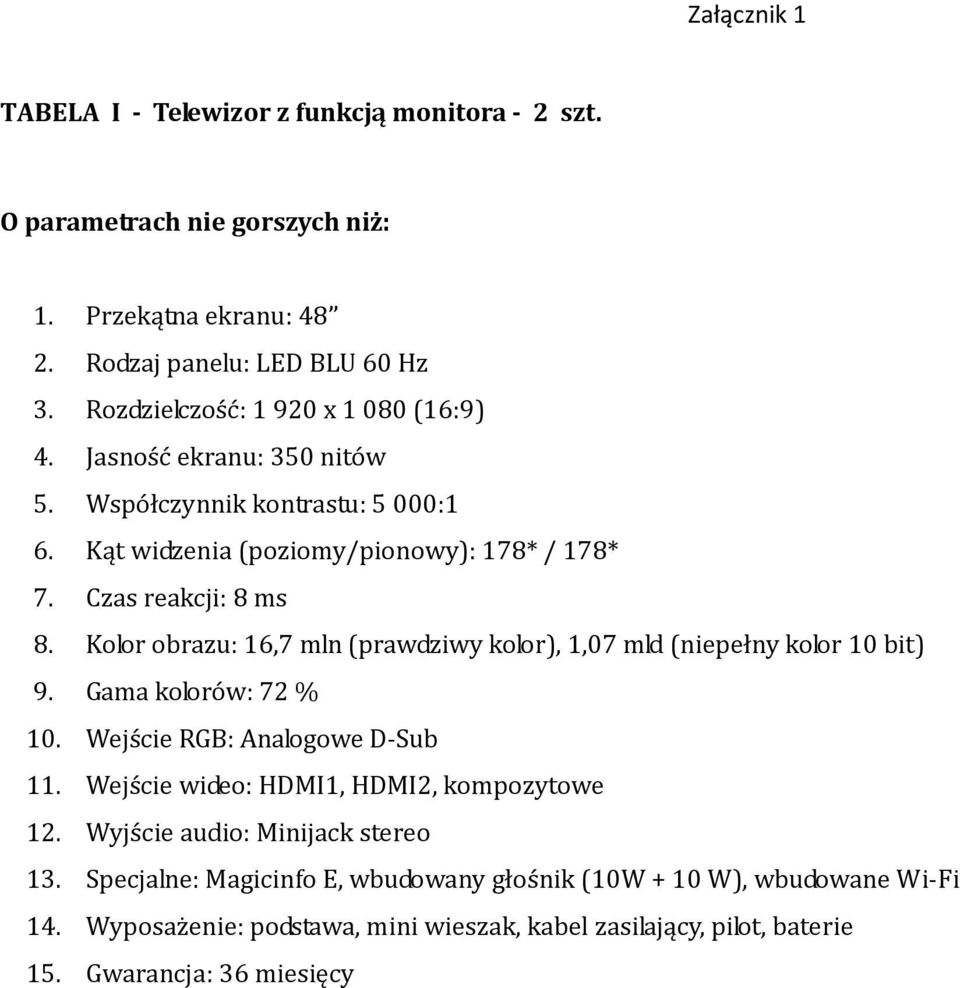 Kolor obrazu: 16,7 mln (prawdziwy kolor), 1,07 mld (niepełny kolor 10 bit) 9. Gama kolorów: 72 % 10. Wejście RGB: Analogowe D-Sub 11. Wejście wideo: HDMI1, HDMI2, kompozytowe 12.