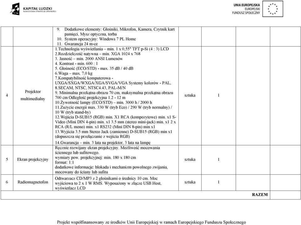 2000 ANSI Lumenów 4. Kontrast - min. 600 : 1 5. Głośność (ECO/STD) - max. 35 db / 40 db 6.Waga max. 7,0 kg 7.Kompatybilność komputerowa - UXGA/SXGA/WXGA/XGA/SVGA/VGA Systemy kolorów - PAL, 8.