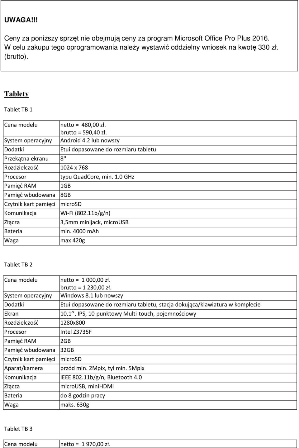 2 lub nowszy Dodatki Etui dopasowane do rozmiaru tabletu Przekątna ekranu 8'' Rozdzielczość 1024 x 768 typu QuadCore, min. 1.0 GHz Pamięć RAM 1GB Pamięć wbudowana 8GB Czytnik kart pamięci microsd Komunikacja Wi-Fi (802.