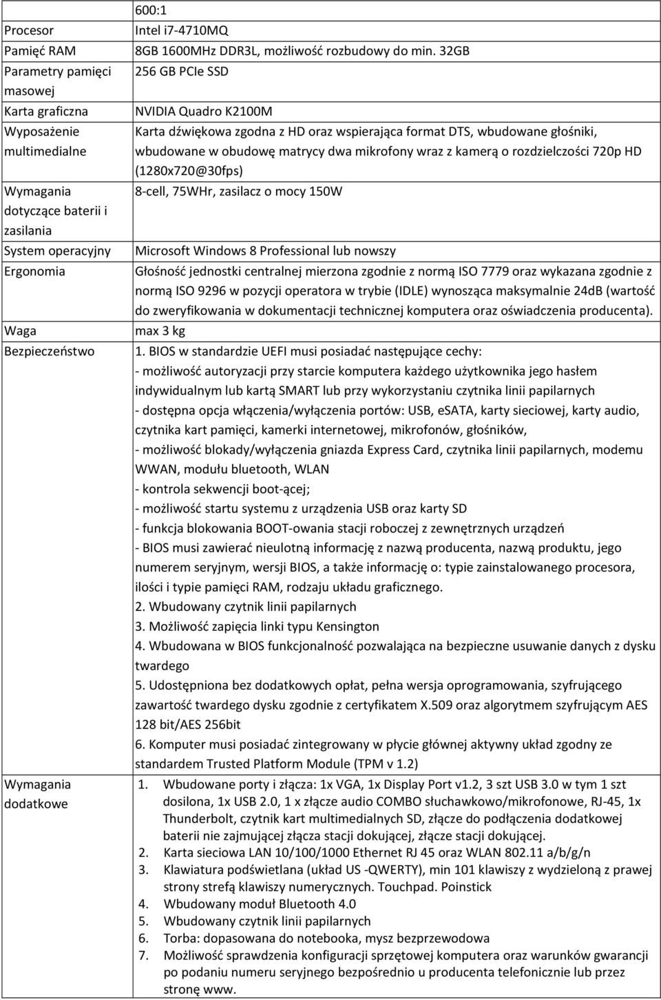 (1280x720@30fps) 8-cell, 75WHr, zasilacz o mocy 150W Microsoft Windows 8 Professional lub nowszy normą ISO 9296 w pozycji operatora w trybie (IDLE) wynosząca maksymalnie 24dB (wartość do