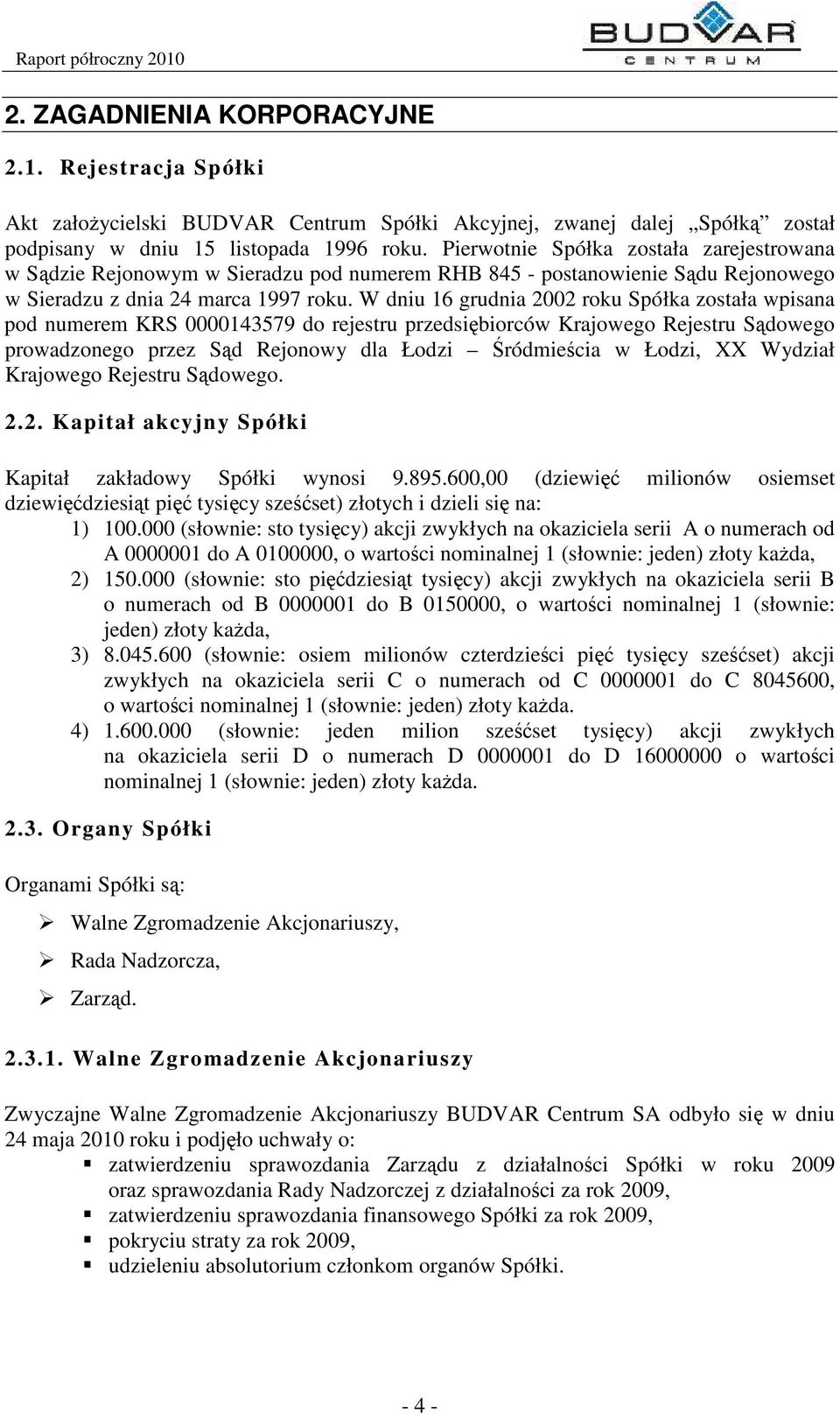 W dniu 16 grudnia 2002 roku Spółka została wpisana pod numerem KRS 0000143579 do rejestru przedsibiorców Krajowego Rejestru Sdowego prowadzonego przez Sd Rejonowy dla Łodzi ródmiecia w Łodzi, XX