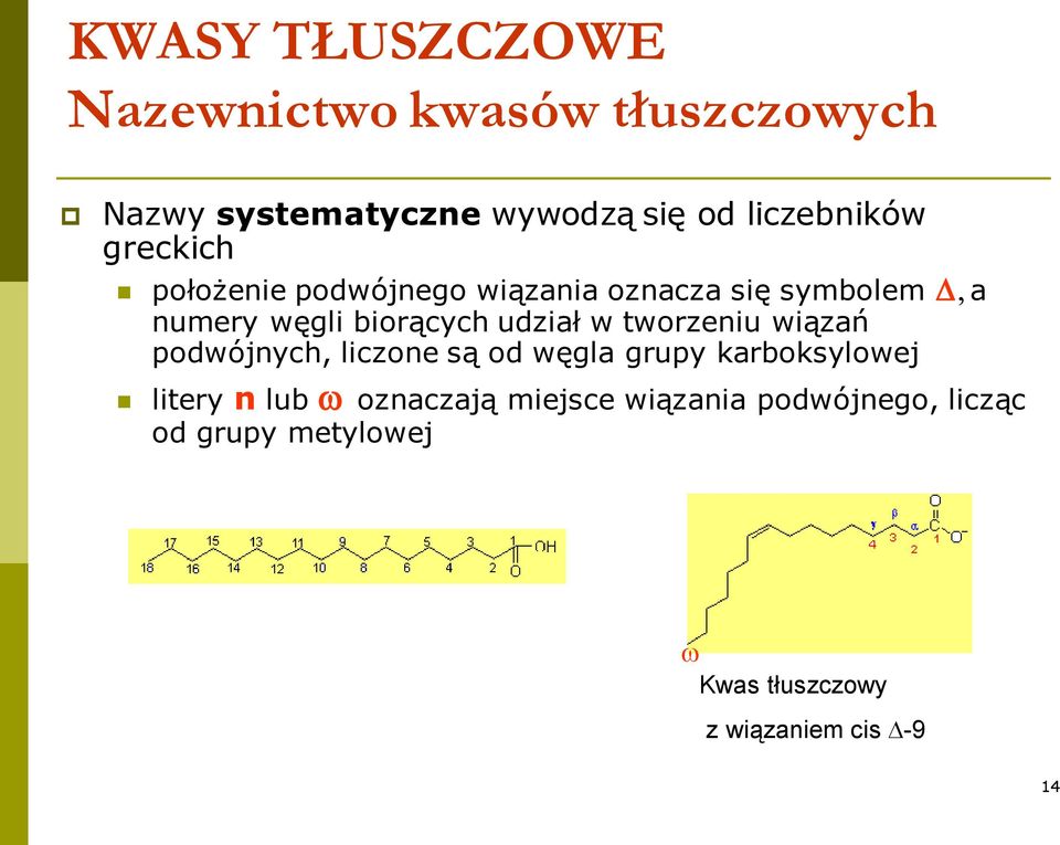 w tworzeniu wiązań podwójnych, liczone są od węgla grupy karboksylowej litery n lub w oznaczają