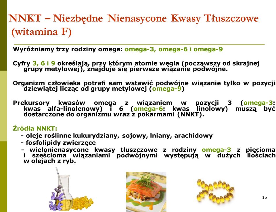 Organizm człowieka potrafi sam wstawić podwójne wiązanie tylko w pozycji dziewiątej licząc od grupy metylowej (omega-9) Prekursory kwasów omega z wiązaniem w pozycji 3 (omega-3: kwas