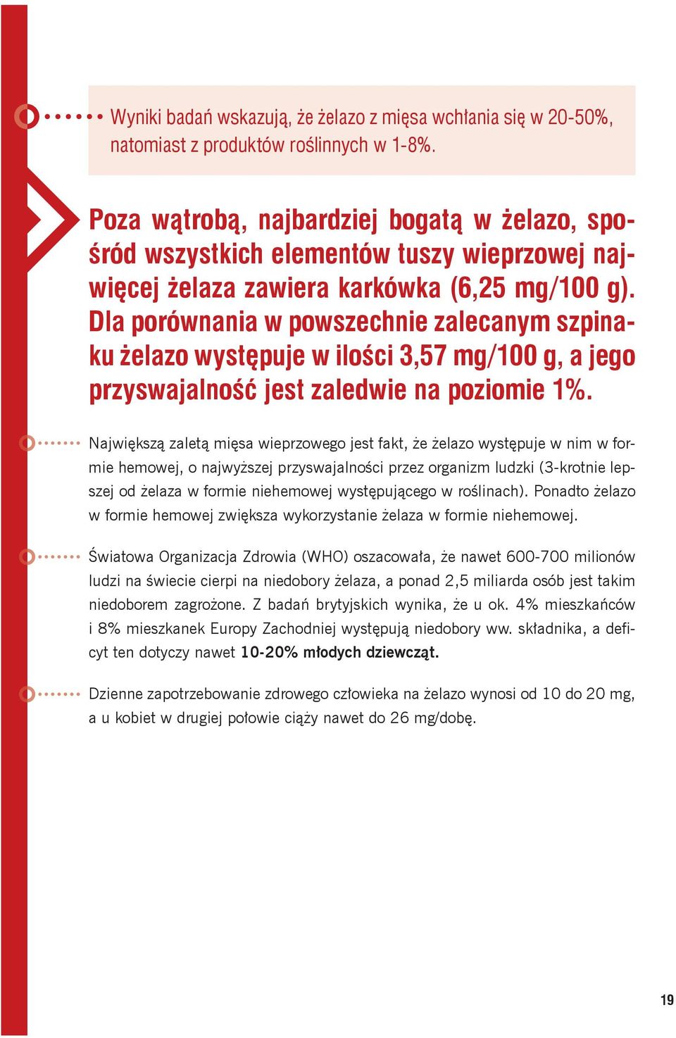 Dla porównania w powszechnie zalecanym szpinaku żelazo występuje w ilości 3,57 mg/100 g, a jego przyswajalność jest zaledwie na poziomie 1%.