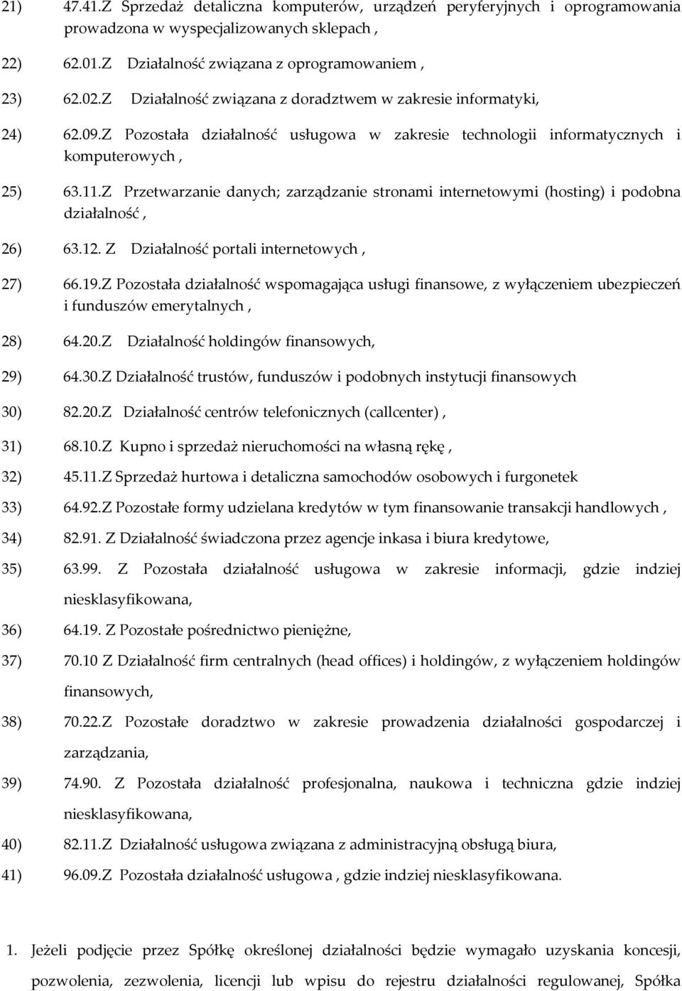 Z Przetwarzanie danych; zarządzanie stronami internetowymi (hosting) i podobna działalność, 26) 63.12. Z Działalność portali internetowych, 27) 66.19.