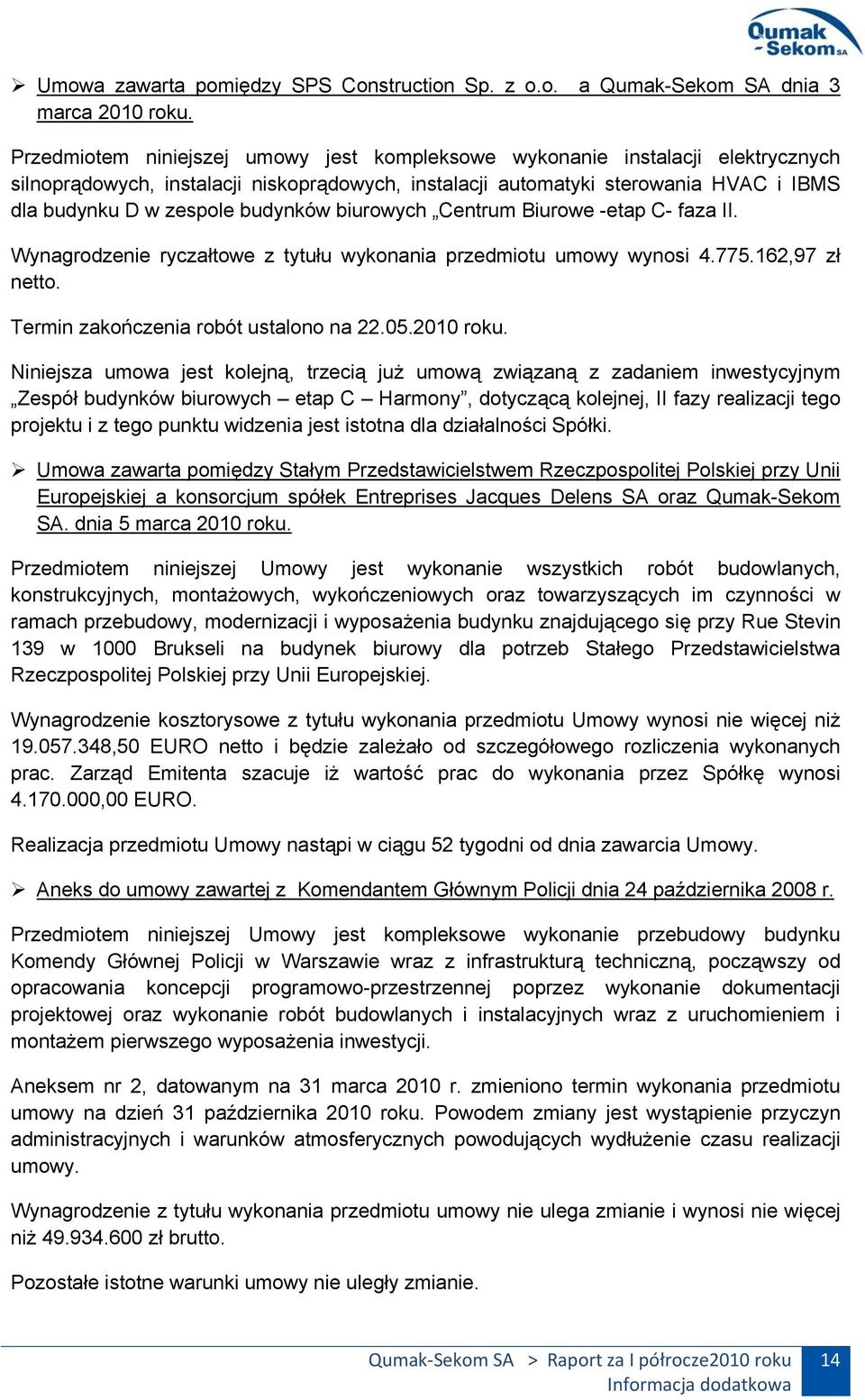 budynków biurowych Centrum Biurowe -etap C- faza II. Wynagrodzenie ryczałtowe z tytułu wykonania przedmiotu umowy wynosi 4.775.162,97 zł netto. Termin zakończenia robót ustalono na 22.05.2010 roku.