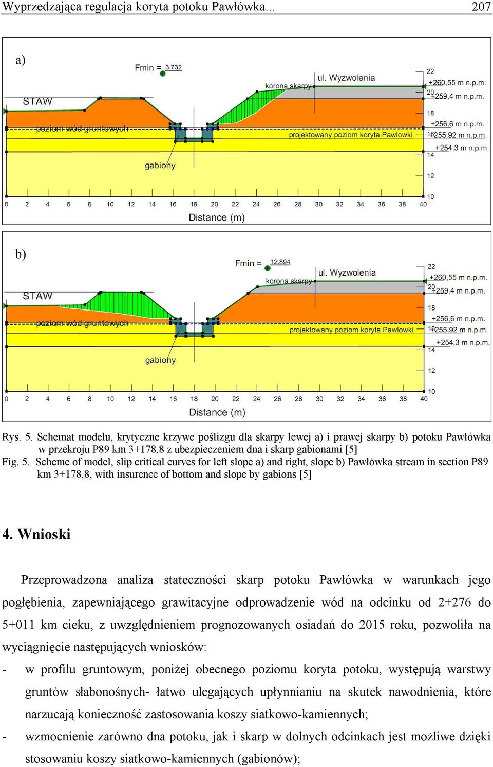 Scheme of model, slip critical curves for left slope a) and right, slope b) Pawłówka stream in section P89 km 3+178,8, with insurence of bottom and slope by gabions [5] 4.