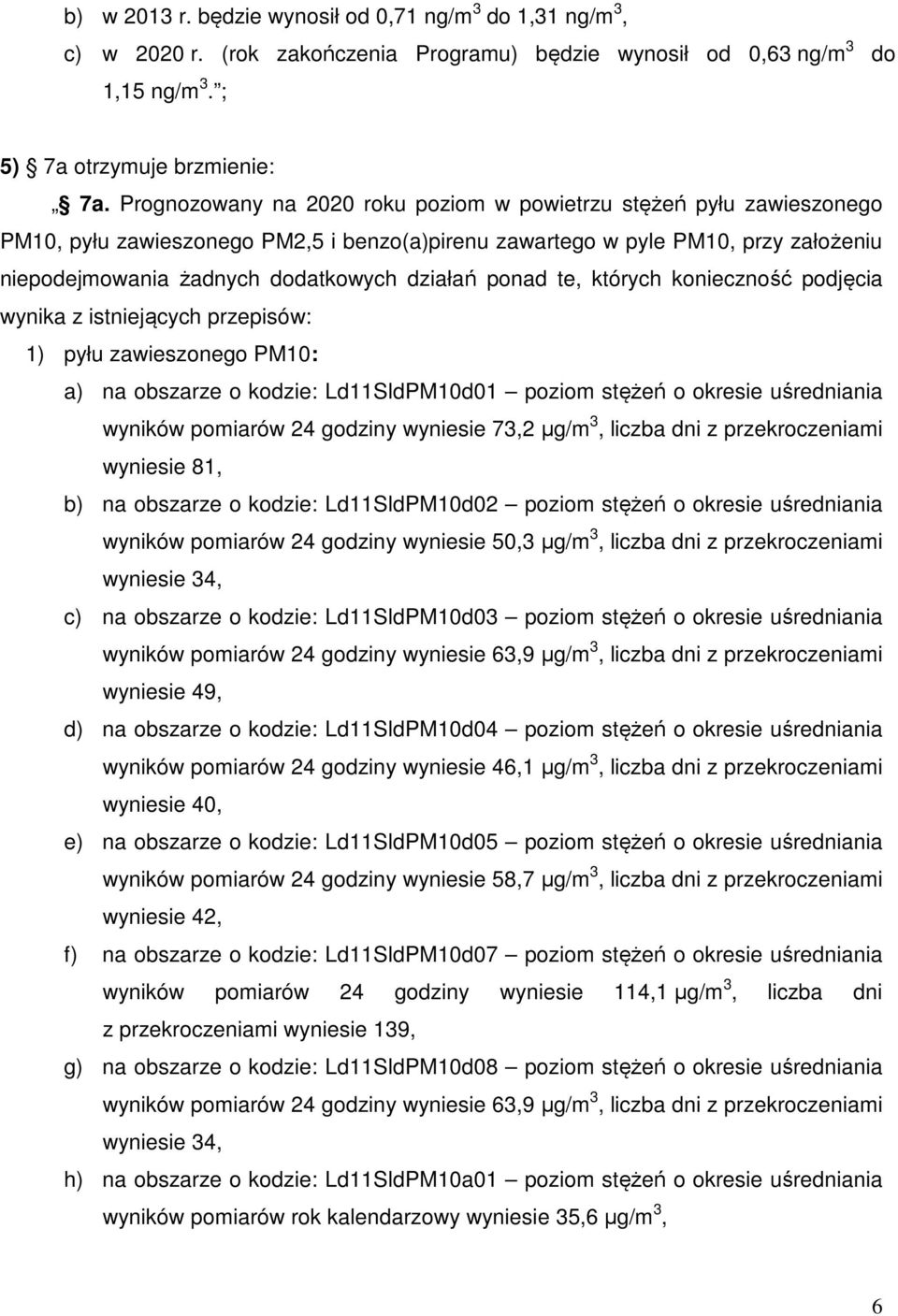 ponad te, których konieczność podjęcia wynika z istniejących przepisów: 1) pyłu zawieszonego PM10: a) na obszarze o kodzie: Ld11SldPM10d01 poziom stężeń o okresie uśredniania wyników pomiarów 24